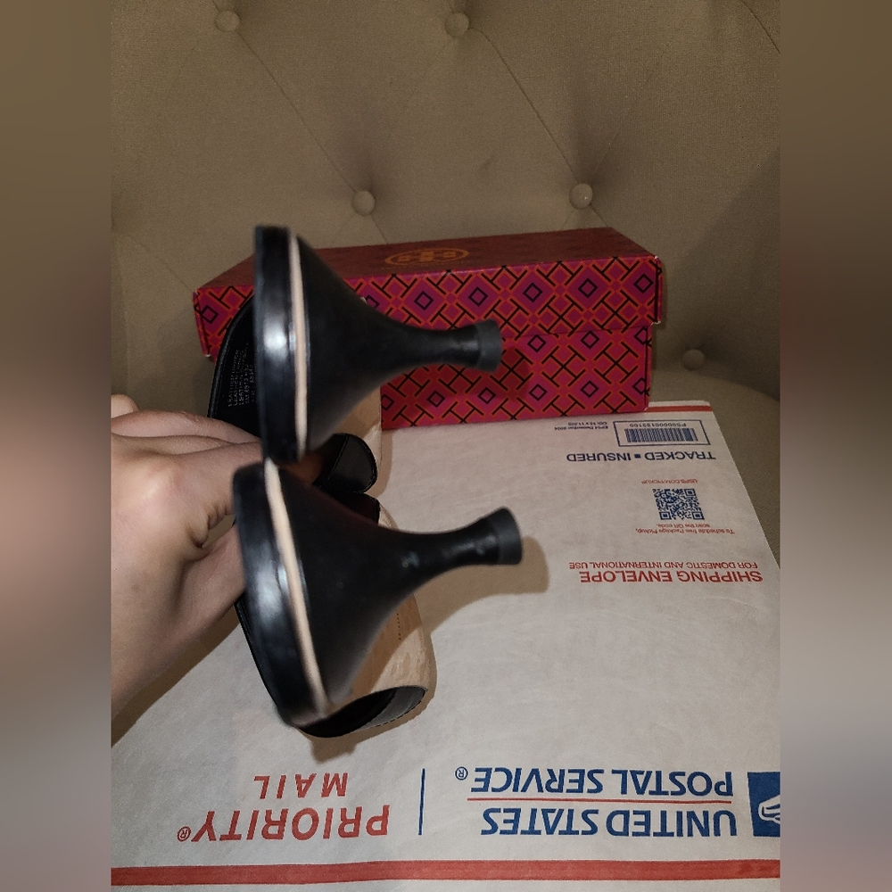 Tory Burch Designer Everly Kitten Heel Black Slide Sandals Gold Logo 8 - Picture 6 of 11